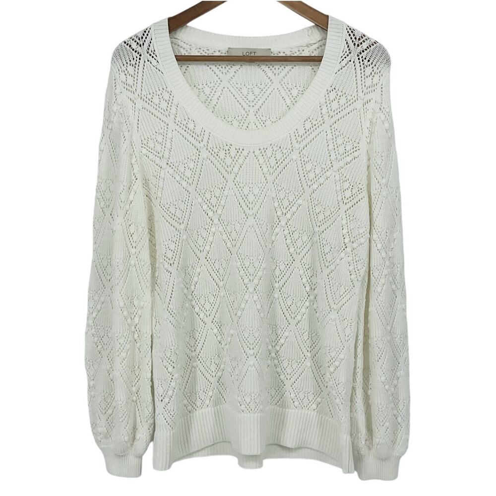 LOFT White Open Knit Pom Pom Balloon Sleeve Scoop Neck Sweater Size XL